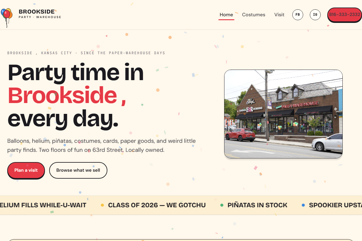 Brookside Party Warehouse homepage screenshot showing the live site