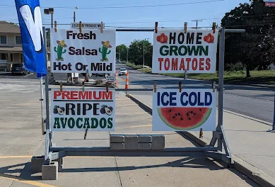 Hand-painted signs - salsa, tomatoes, avocados, watermelon