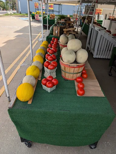 Fresh tomatoes and cantaloupes on display